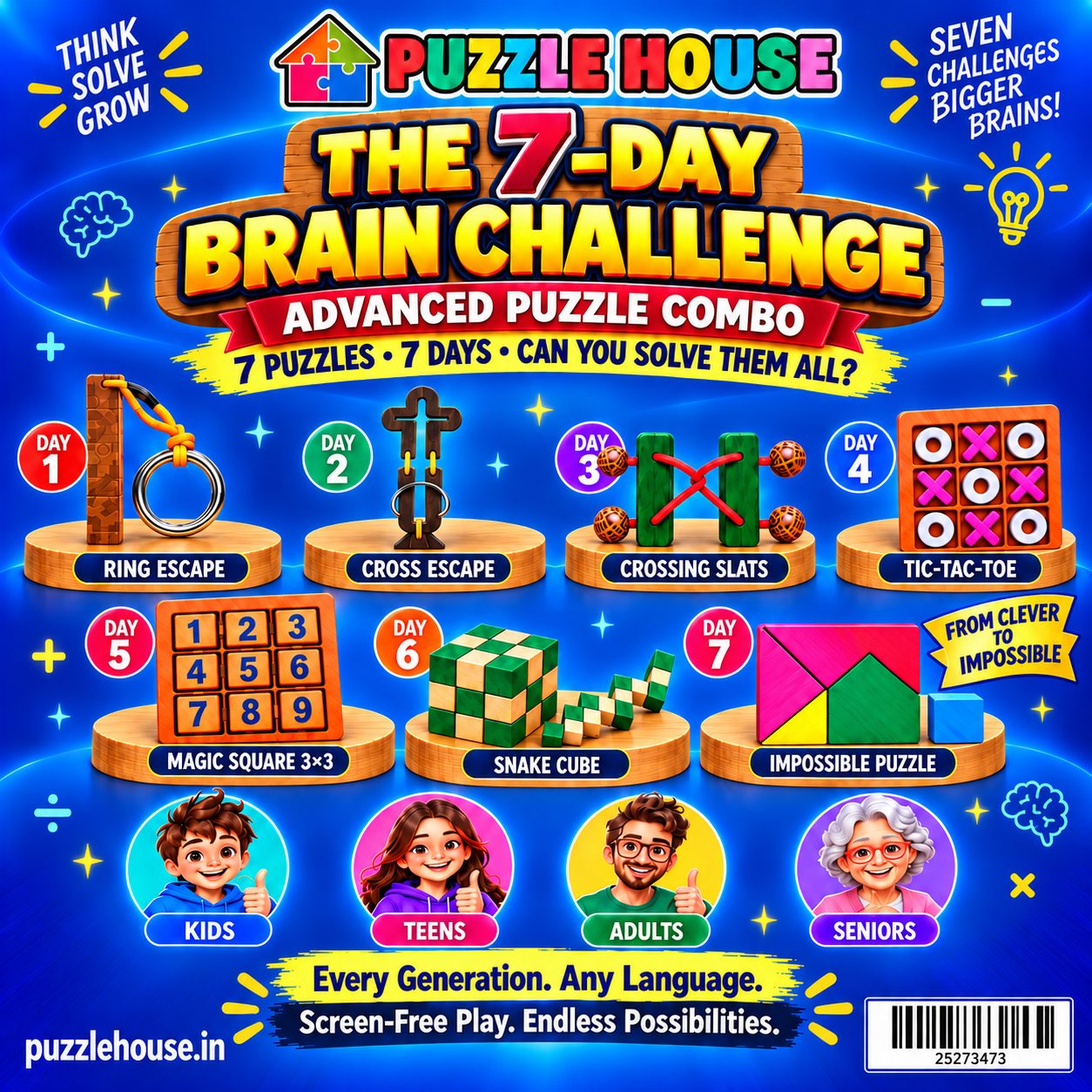 Wooden Puzzle & Brain Teaser Combo Set – 7 Puzzles